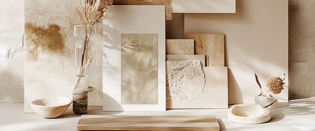 Composición decorativa con elementos naturales, cerámica y tonos beige