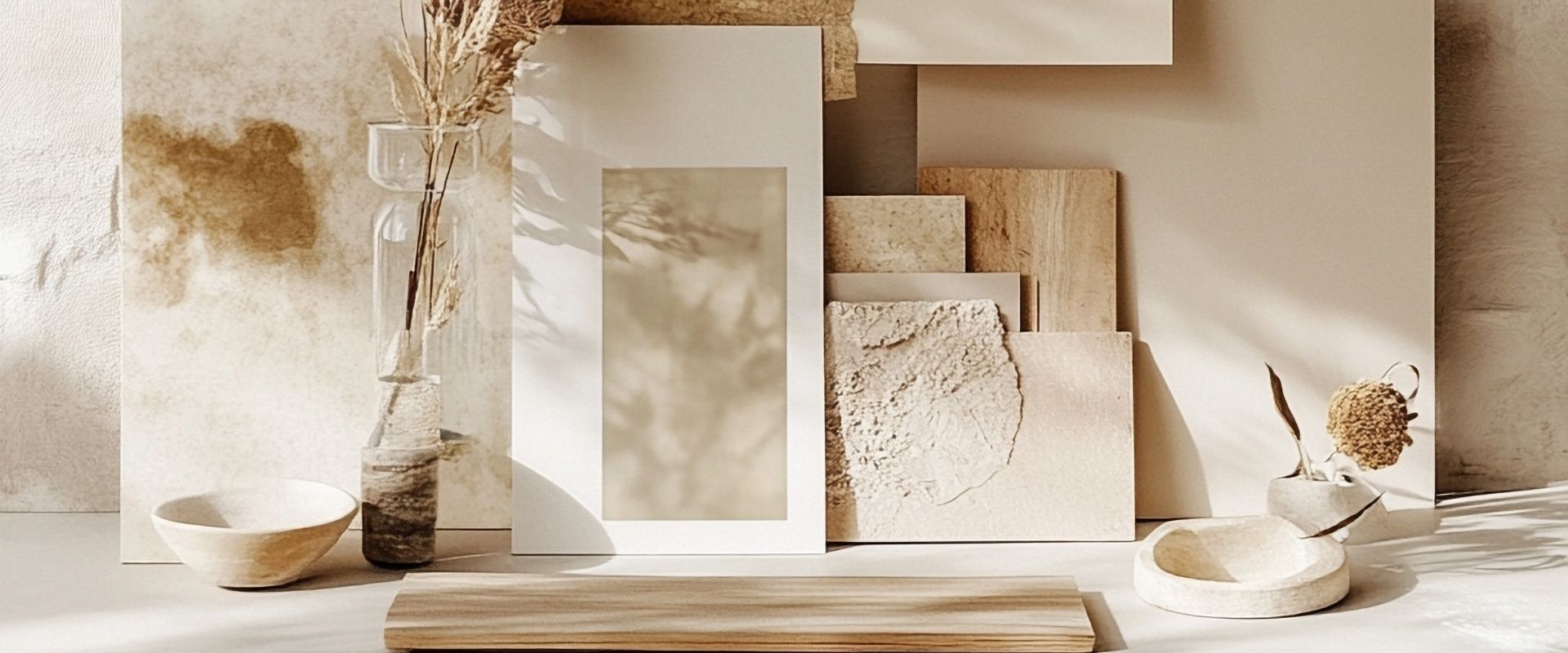 Composición decorativa con elementos naturales, cerámica y tonos beige