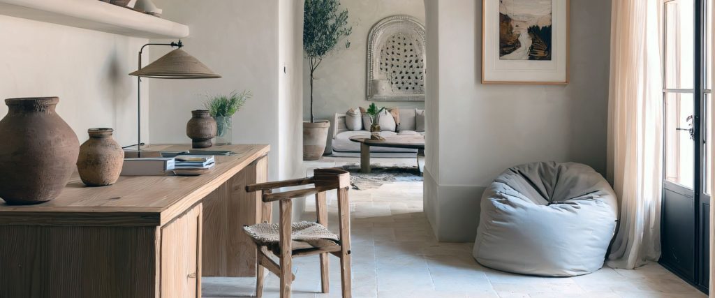 Espacio de trabajo moderno con escritorio de madera, silla, puf gris y decoración natural